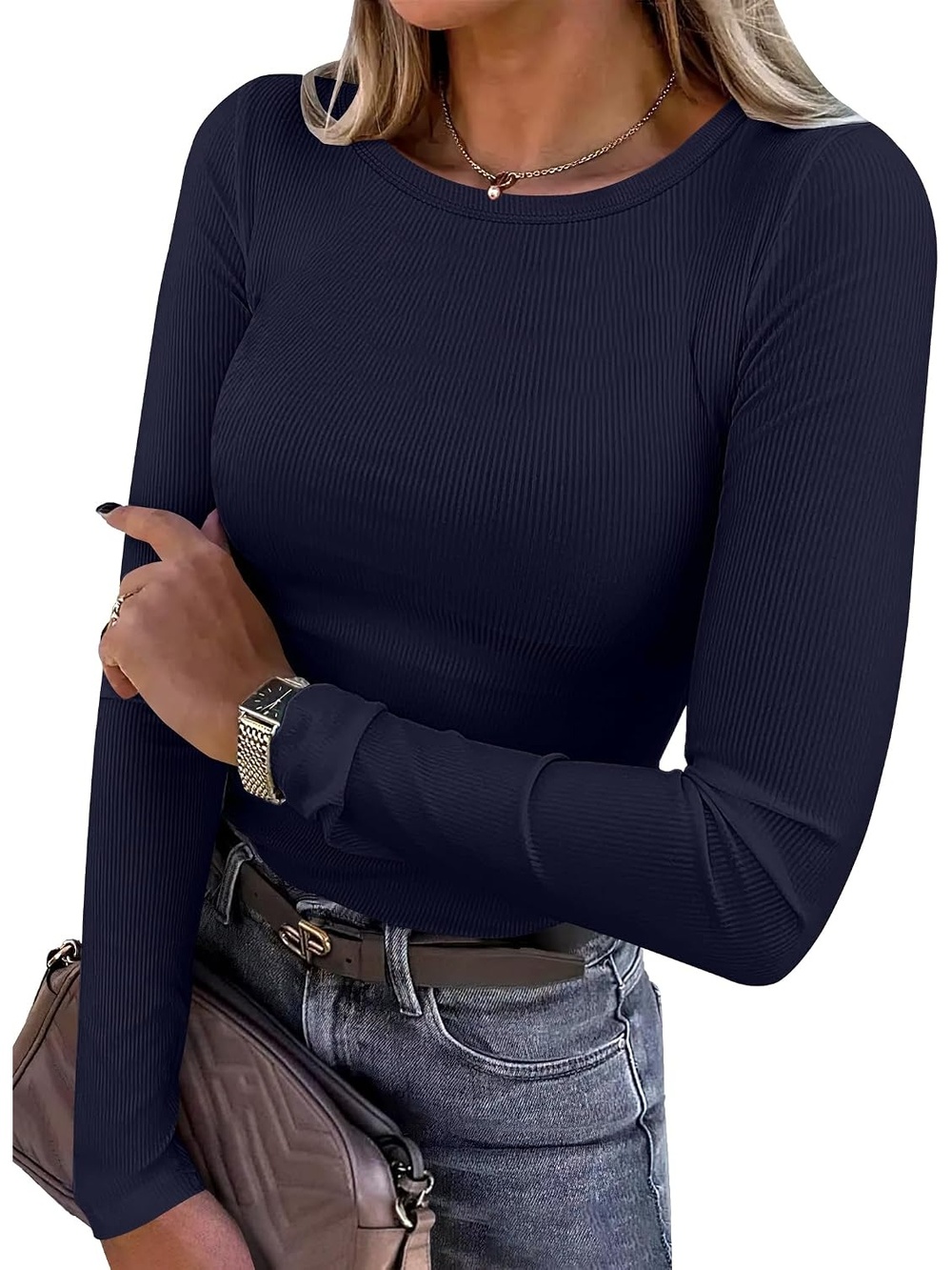 Women's Navy Blue Slim Lightweight Knit Long Sleeve Shirts Ribbed Fitted Tops